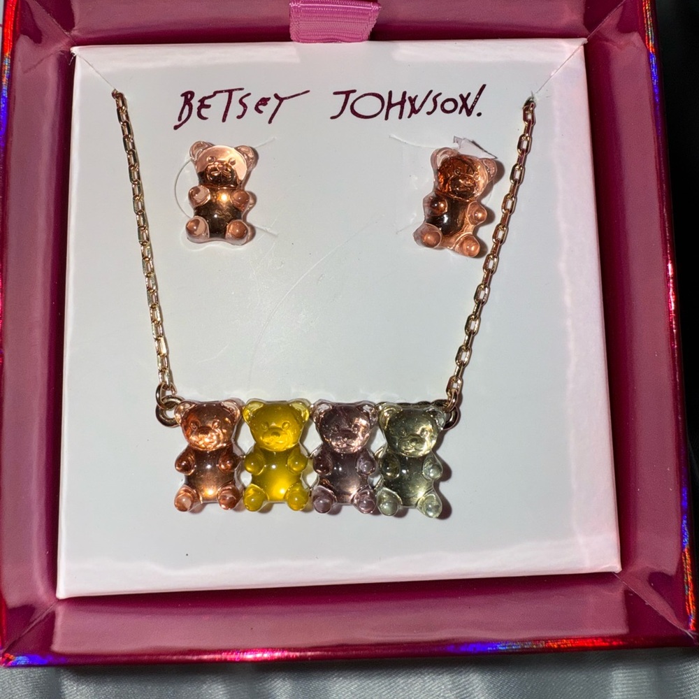 Betsey Johnson Pink and Gold Bear Necklace Set